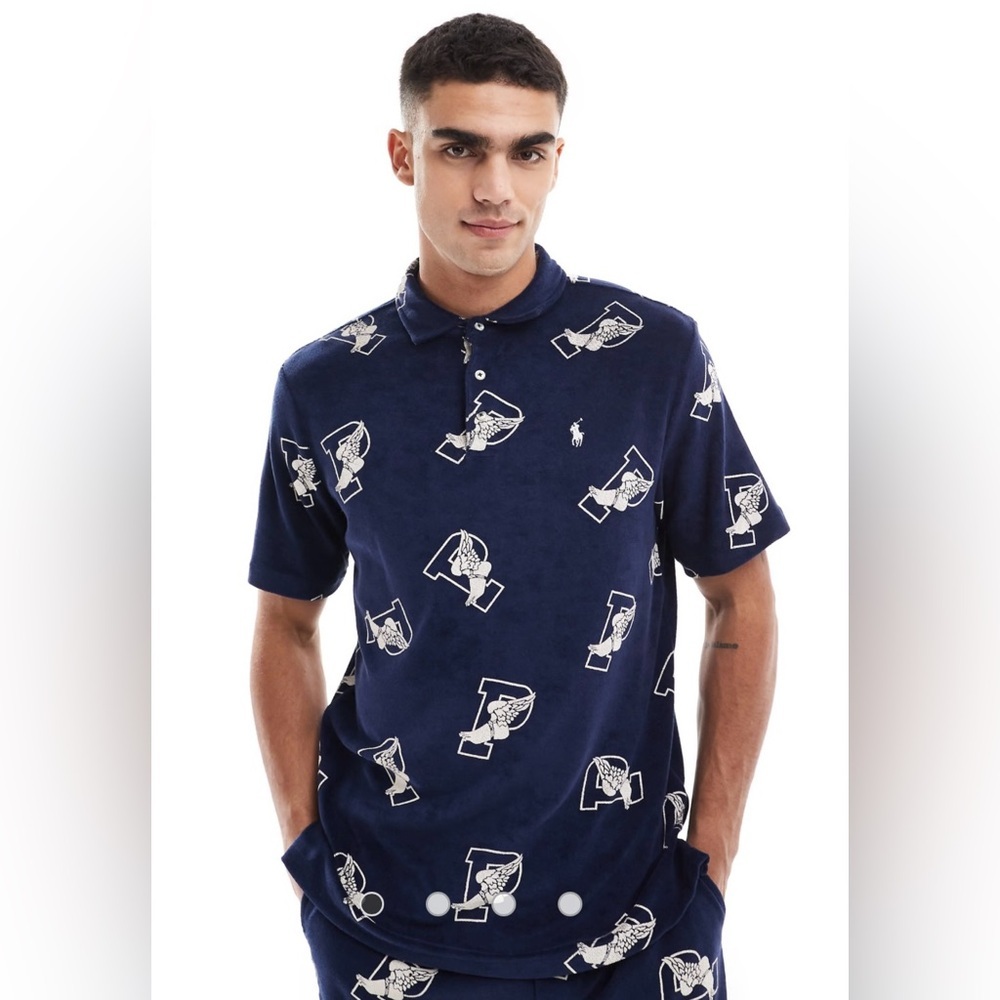 Polo Ralph Lauren P-Wing Logo Terrycloth Loungewear Polo in Blue - Size Large